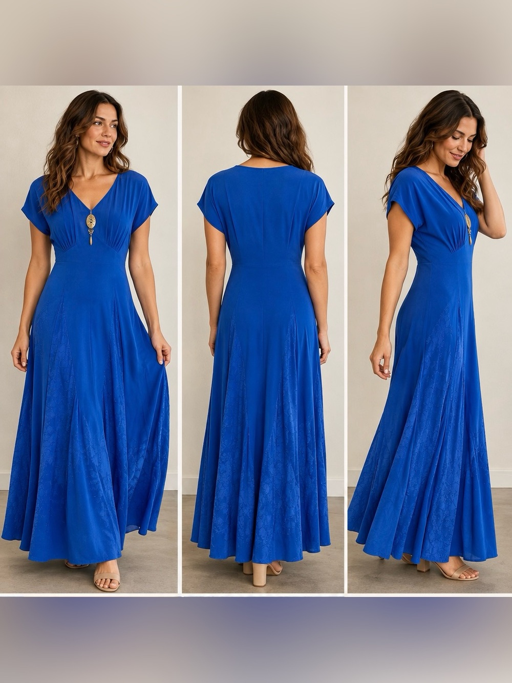 NWT Y2K Carole Little Blue Rayon Maxi Dress Size 10 Floral Jacquard V Neck